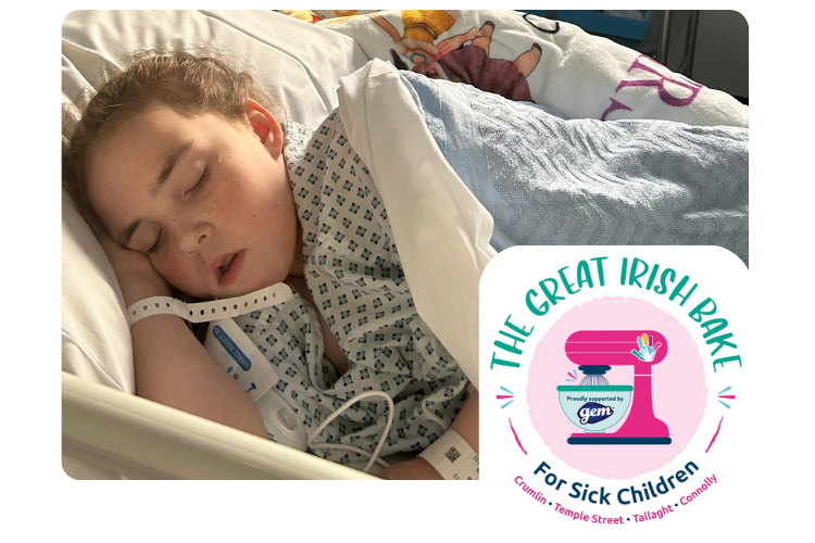 Patient in bed and Great Irish Bake logo