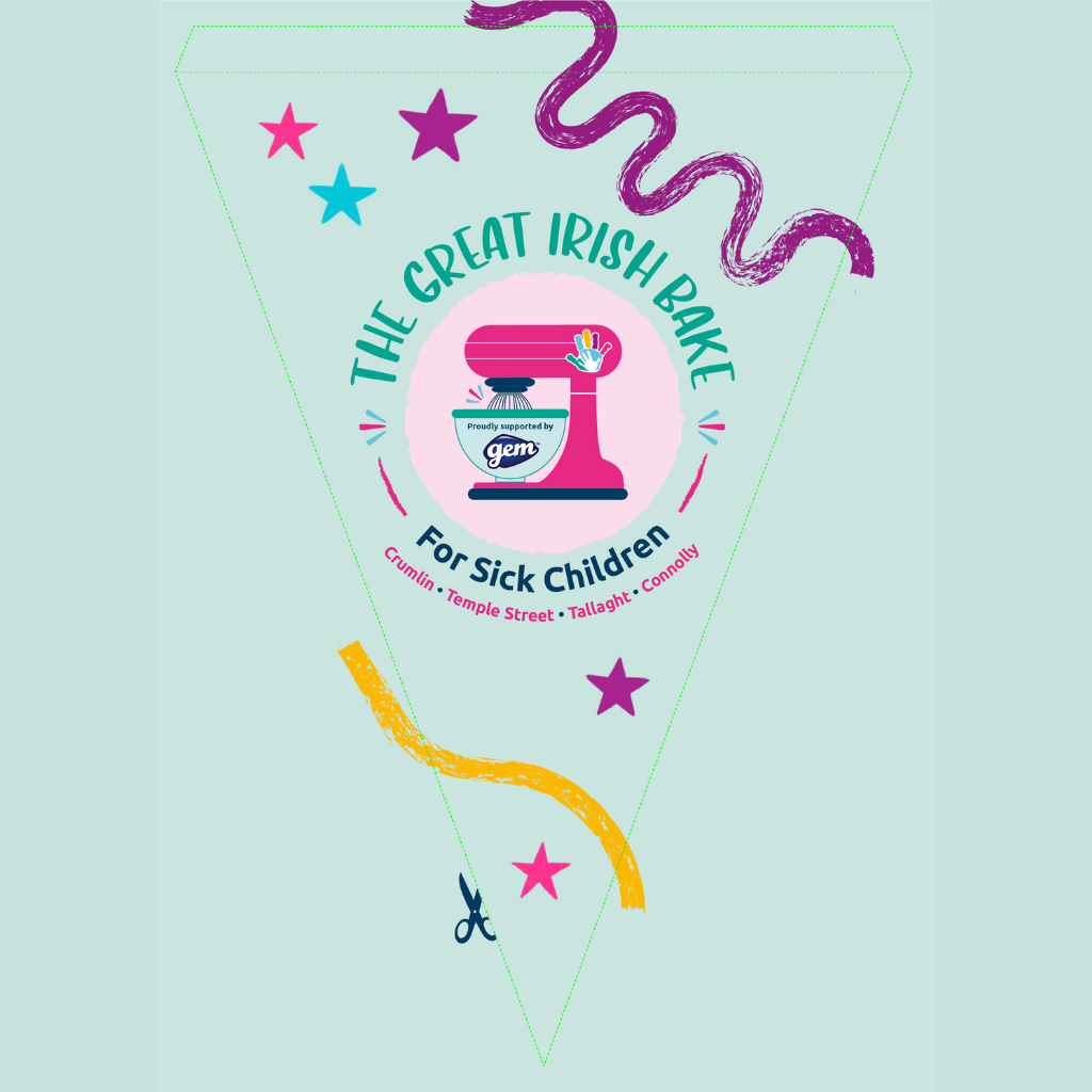 Great Irish Bake banner with cartoon baked treats and colourful stars