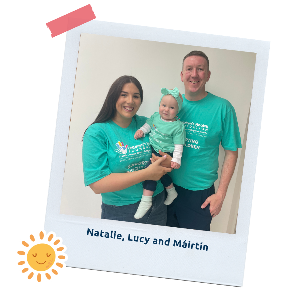 Lucy_LP_Thumb (5): "A polaroid-style photo of Natalie, Lucy and Máirtín in matching teal charity t-shirts."