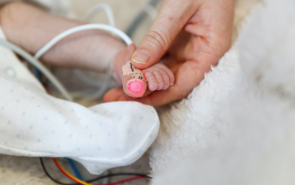 image-3: "An adult gently holding a baby's feet in the hospital."