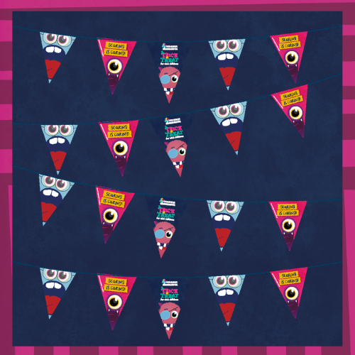 Trick or Treat bunting with colourful monster designs